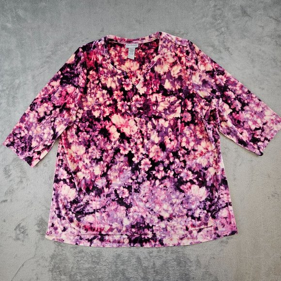 Catherines‎ Top Women's 1X 18/20 Multicolor Floral Velvety 3/4 Sleeve Soft Tunic - Picture 1 of 8